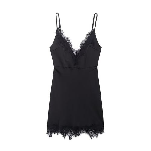 纯色蕾丝花边吊带短款迷笛连衣裙