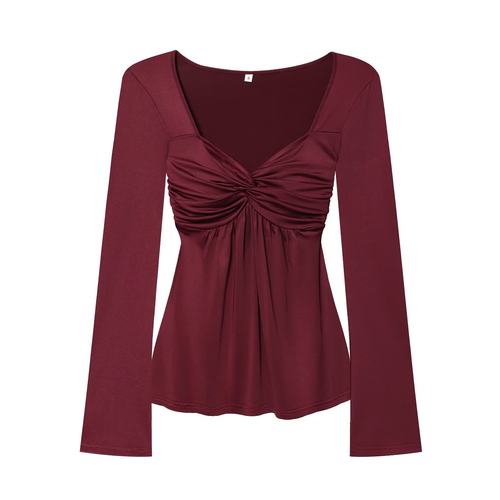 扭结长袖女V领收腰紧身性感上衣