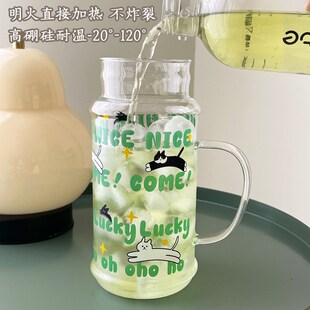 1100ml玻璃杯大容量一人饮水壶卡通高颜值水杯带盖带吸Z管家用杯