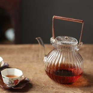 菊瓣纹耐热玻璃茶壶电陶炉煮茶器泡茶壶铜把提梁壶花茶.壶功夫茶