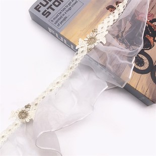 金线花纹刺绣织带拼接透明白色网纱花边蕾丝木耳褶皱W窗帘装 饰立