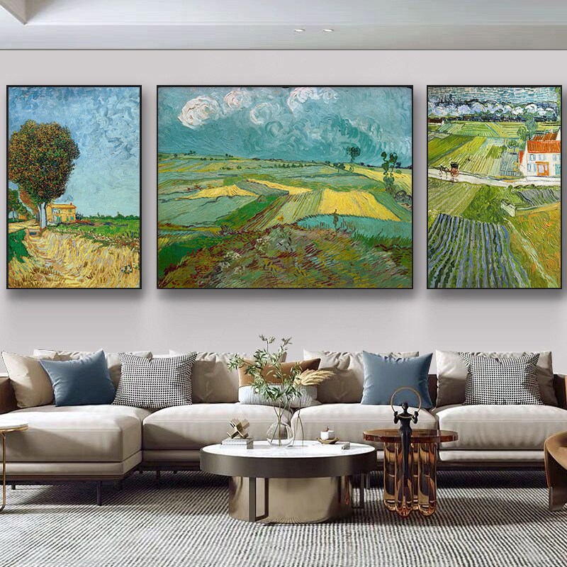 梵高客厅装饰画世界名画油画沙发背景墙L挂画抽象风景欧式三联画