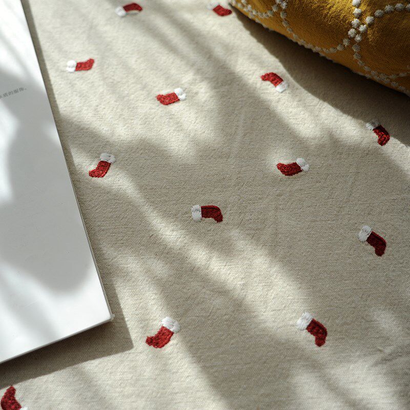 ins风圣诞节圣诞袜刺绣棉麻布料沙发抱枕套餐R桌凳椅包布盖布面料