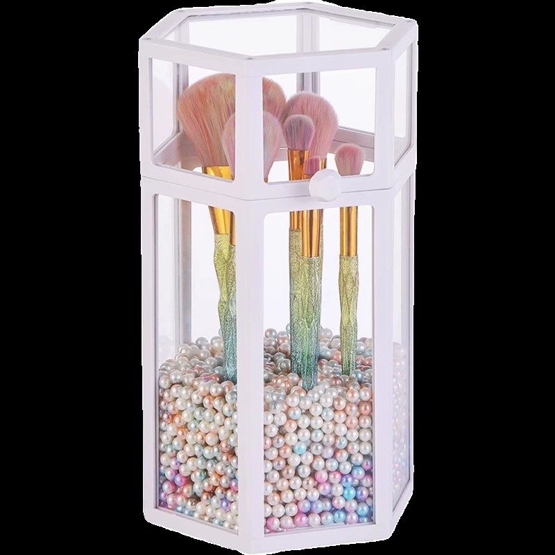 化妆刷收纳筒透明玻璃防尘桌面加珍珠F轻奢高级带盖眉笔刷子收纳,收纳整理,化妆刷收纳盒/桶,淘宝优惠券,粉丝福利购,淘宝优惠卷
