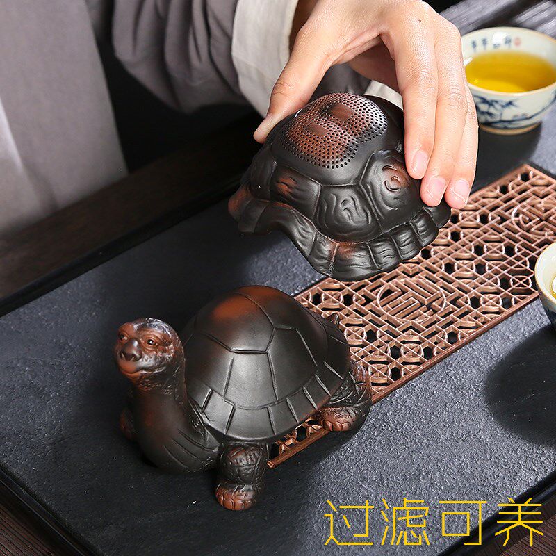乌龟茶漏一体过滤茶渣套装建水紫陶茶宠摆件紫砂陶U瓷全手工可养