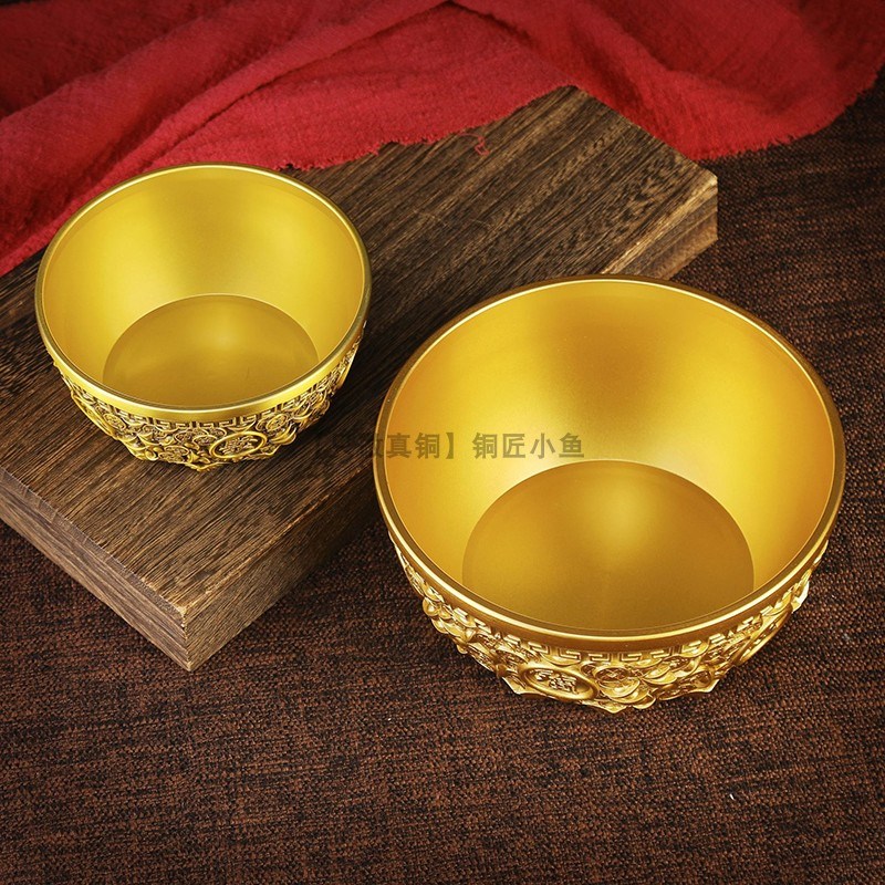 加厚实心黄铜聚宝盆摆件复古做旧浮雕金铜钱元宝纯U铜米缸客厅聚