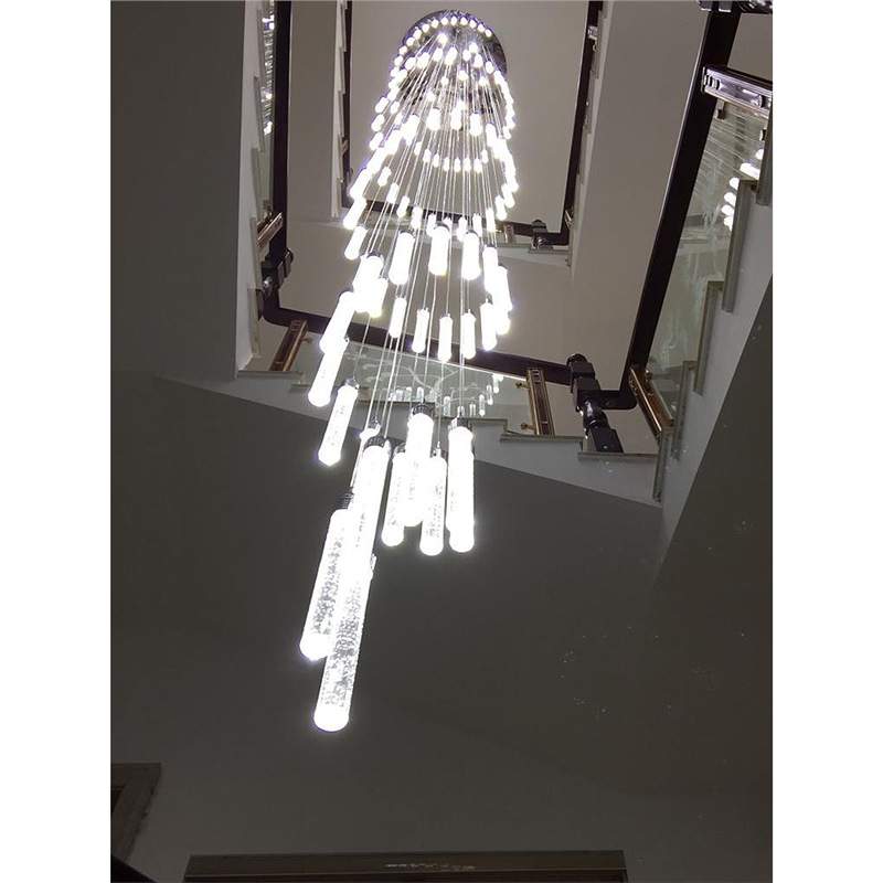 现代简约新中式轻奢别墅复式公寓loft客厅楼梯螺旋水晶超长线吊灯