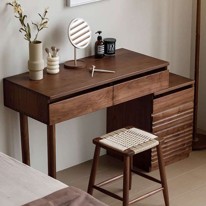 全实木化妆桌原木日式小户型可伸缩床头柜黑胡桃木斗柜梳妆台一体