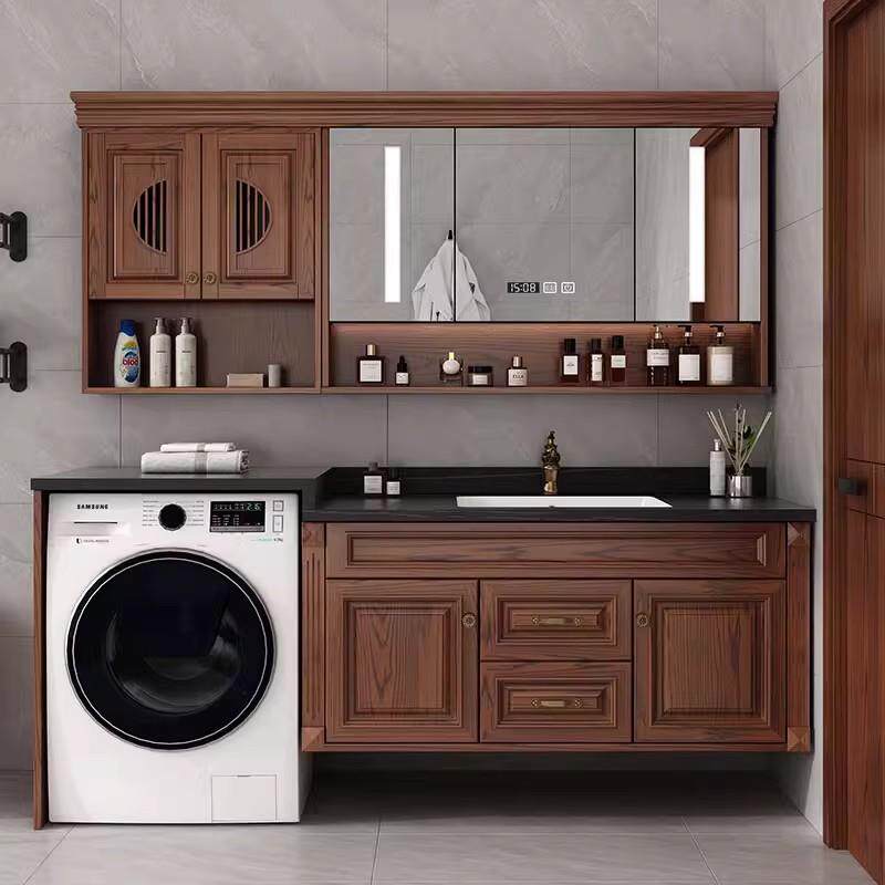 新中式洗衣机浴室柜红橡实木岩板陶瓷盆吊柜阳台洗漱台组合智能镜