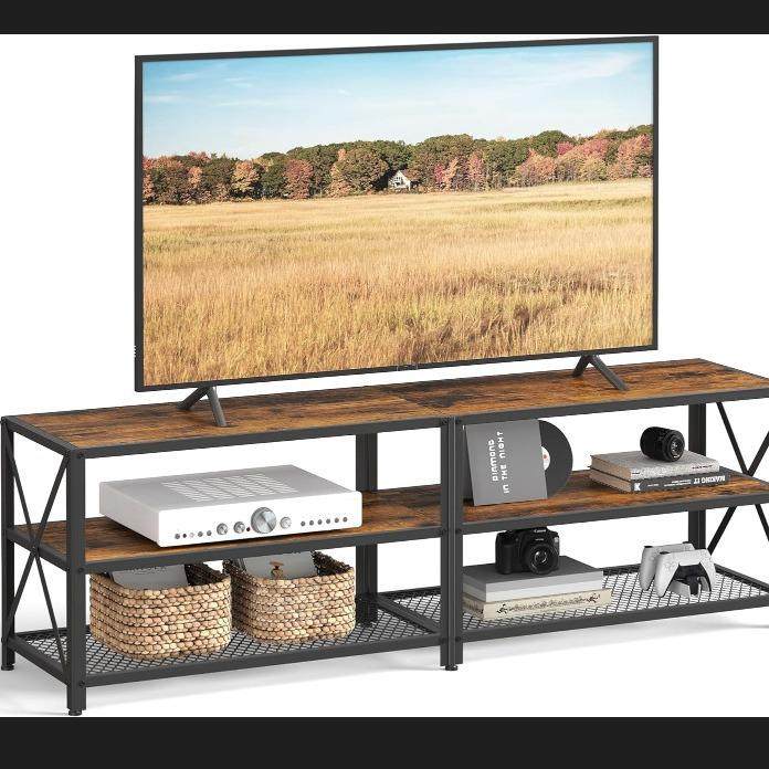 电视柜，娱乐中心，三层电视控制台，质朴的棕色和黑色