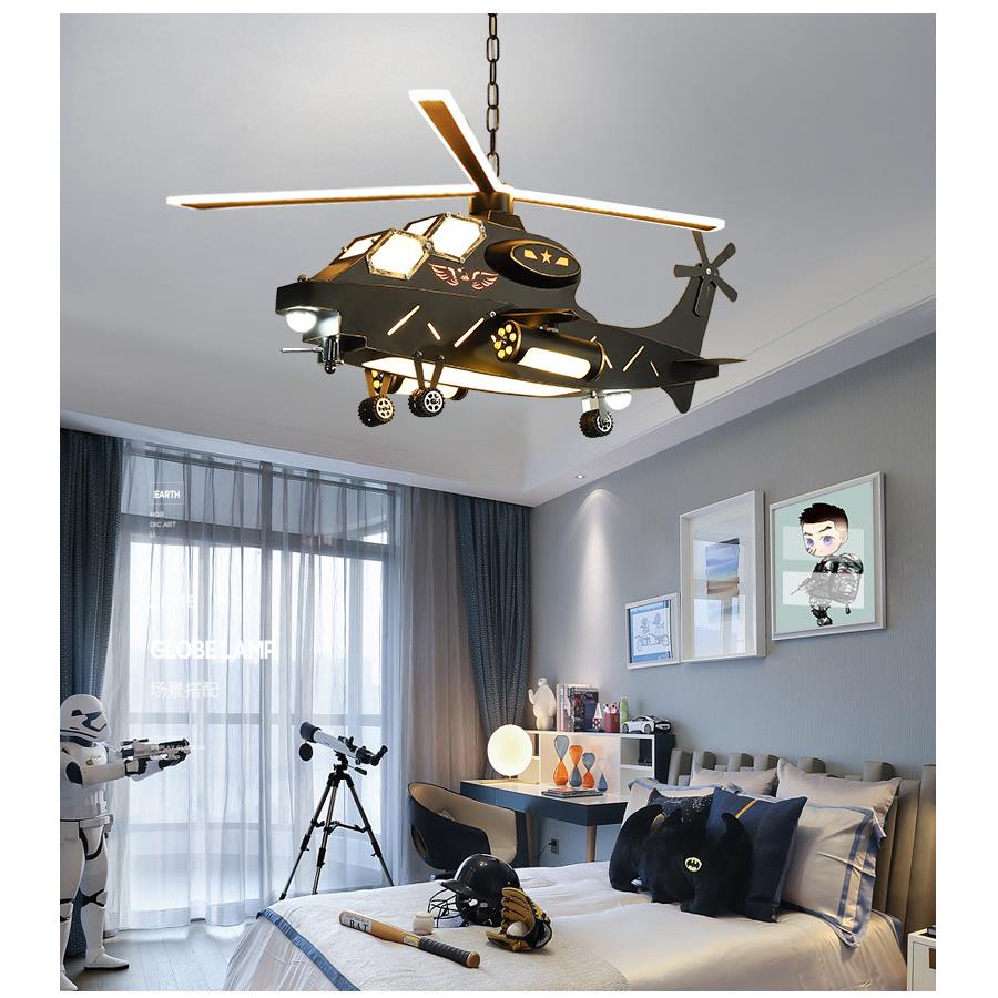 LED儿童房飞机吊灯创意个性复古工业风直升机模型男孩房间卧室灯