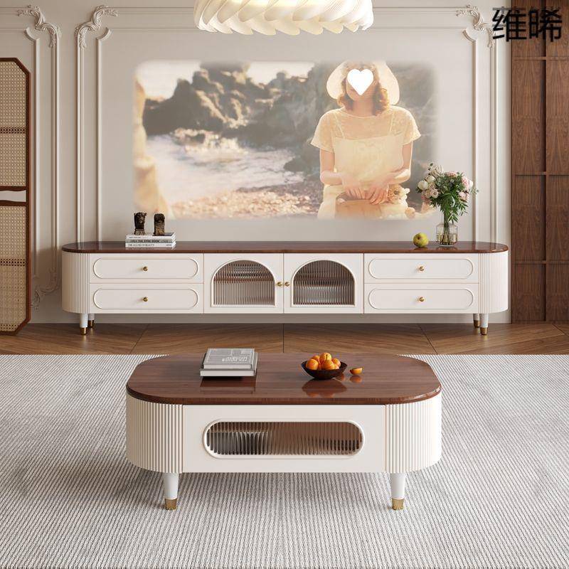 QP6法式复古实木茶几客厅家用小户型胡桃木茶几电视柜组合现代中