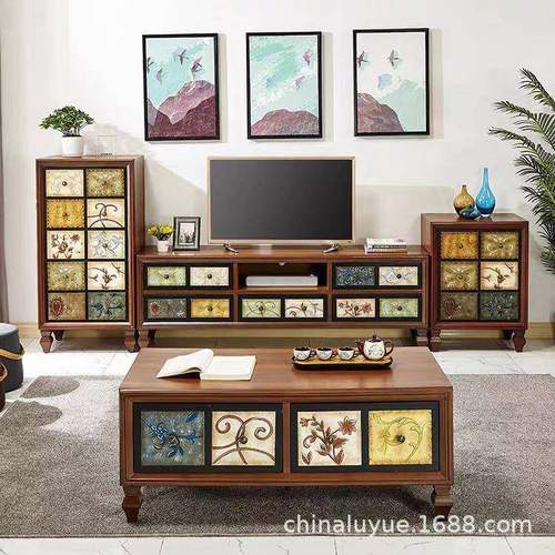 美式电视柜茶几组合实木客厅简约大小户型墙柜欧式经济型茶几地柜