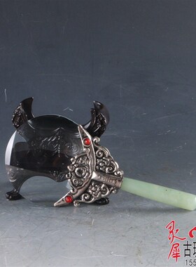 古玩收藏仿古玉器老玉岫玉手把件C复古苗银放大镜工艺品摆件特价