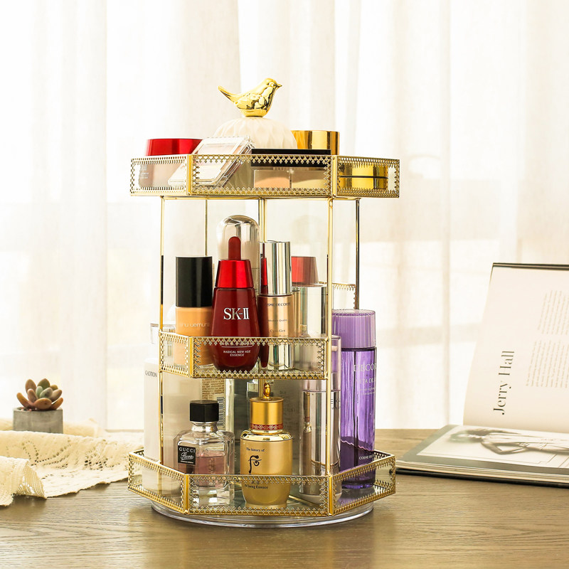 金色玻璃旋转护肤品收纳盒桌面梳妆台化妆盒O透明浴室化妆品置物,收纳整理,桌面收纳盒,淘宝优惠券,粉丝福利购,淘宝优惠卷