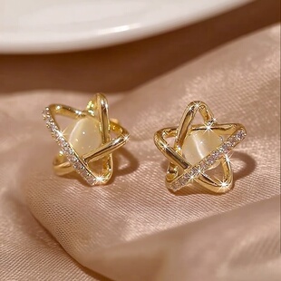 镶钻猫眼石ins星星耳钉 气质简约百搭耳环小众精致小巧高级感耳饰