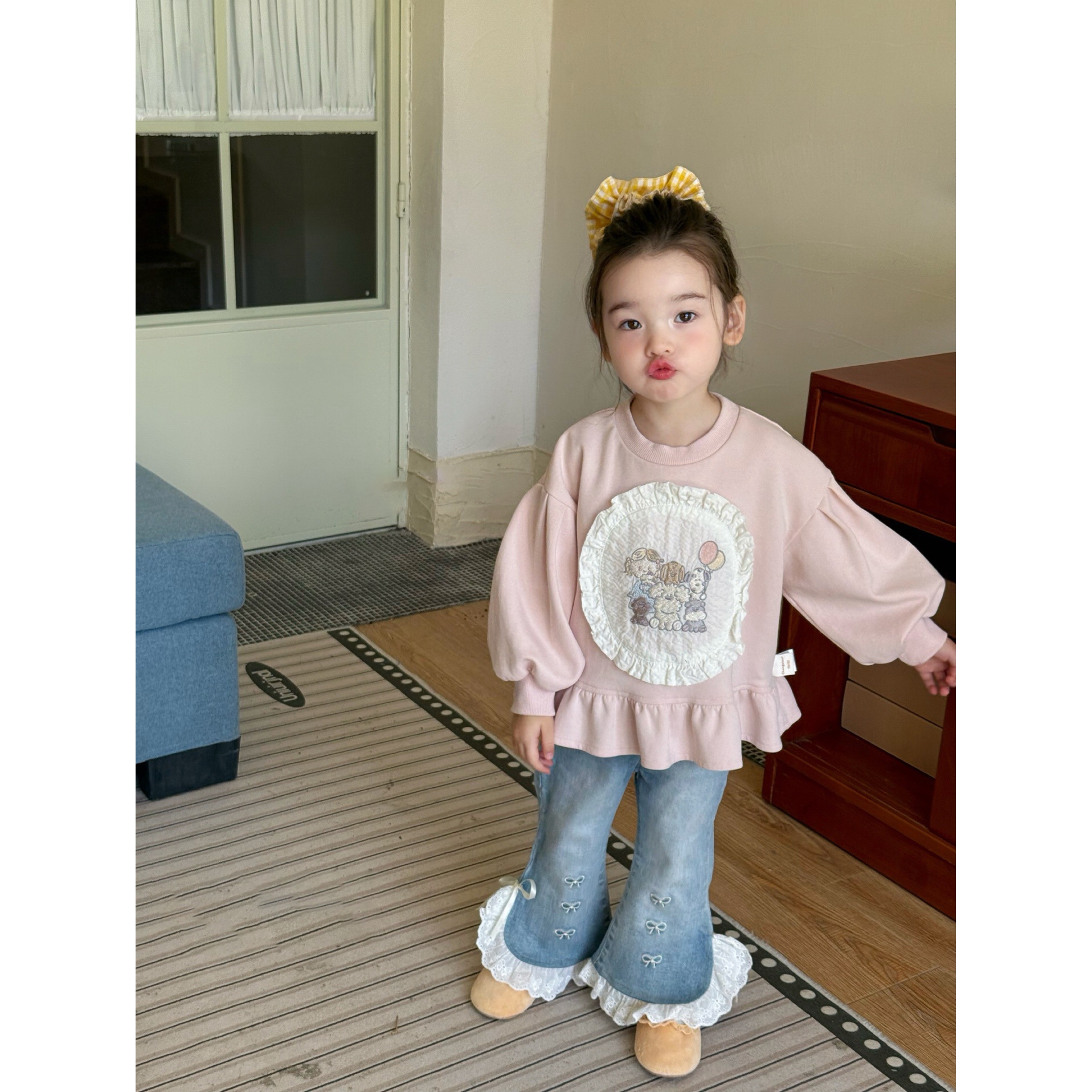 日本品质DZ25302儿童童套装2025秋季新女童卫衣蝴蝶结刺绣牛仔裤