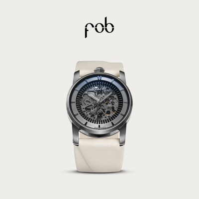 FOB手表法式进口新经典R413镂空表盘时尚白皮革表带机械腕表