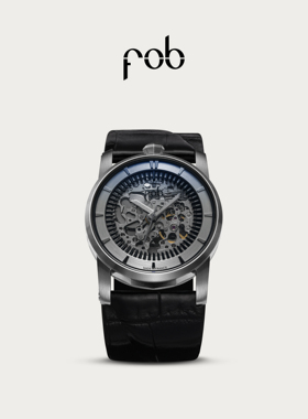 FOB手表男女同款腕表R413法国进口白银大表盘机械表鳄鱼皮表带