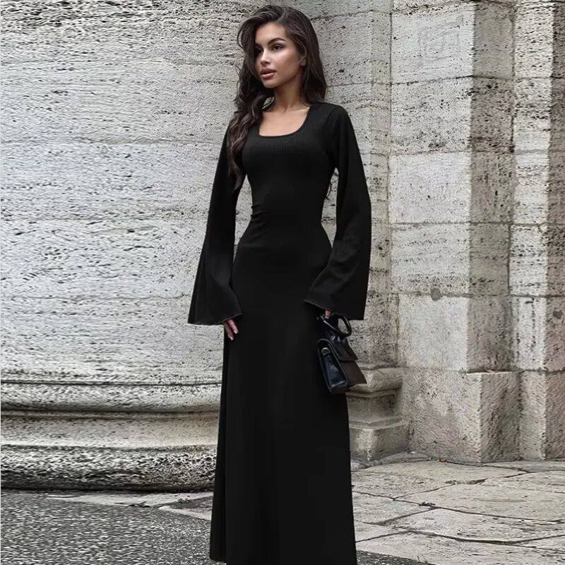 U领后背系带长袖连衣裙 U-neck back lace up long sleeved dress