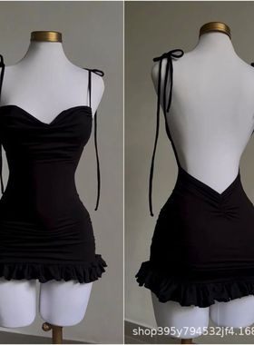 Low cut lace up backless slim fit dress 低胸系带露背连衣裙女