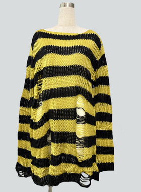 Round neck striped hole long fur coat圆领条纹破洞中长毛衣女