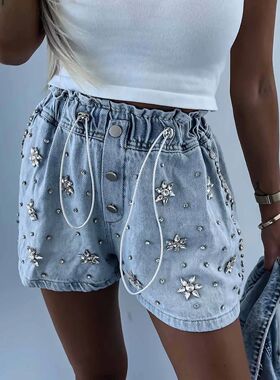 Casual drawstring rhinestone denim shorts 抽绳水钻牛仔短裤女