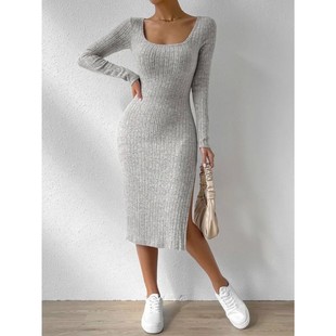 Women's Plain Split Thigh Ribbed Bodycon Dress, Casual Long