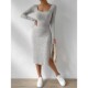Long Split Women Bodycon Plain Ribbed Casual Thigh Dress