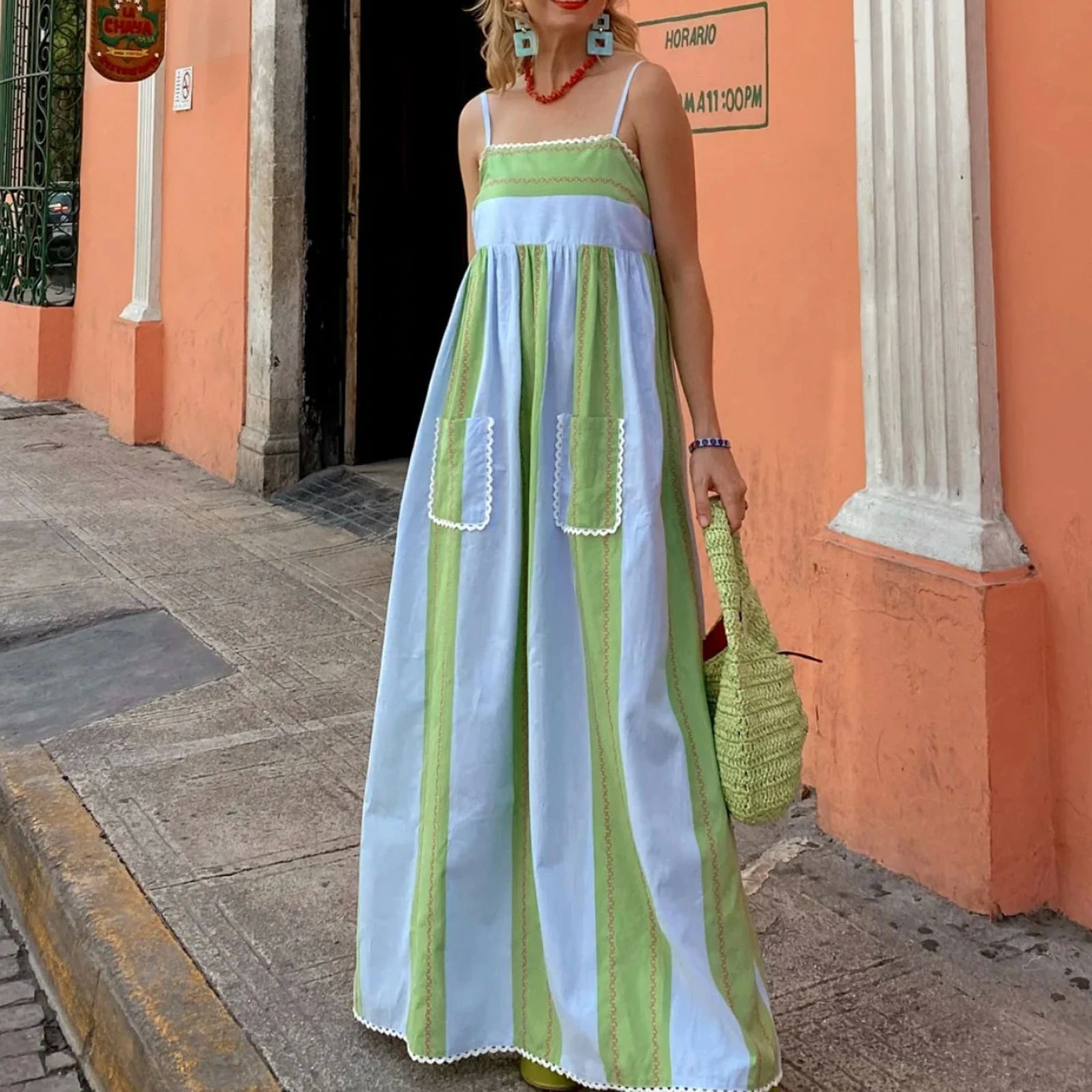 Striped sleeveless camisole dress 女士条纹无袖吊带带兜连衣裙