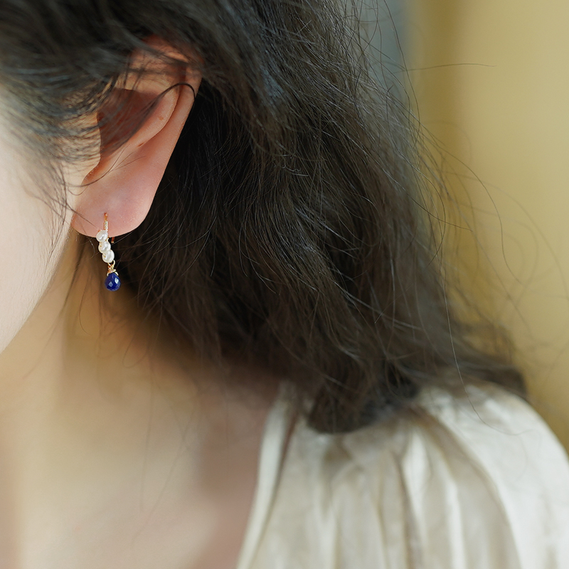 半入云小众复古设计感青金石水滴绕珍珠耳环法式优雅耳钩女50237