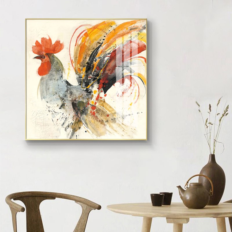 中式风格公鸡画玄关风水招财挂画书房背景墙雄鸡图金X鸡报晓装饰图片