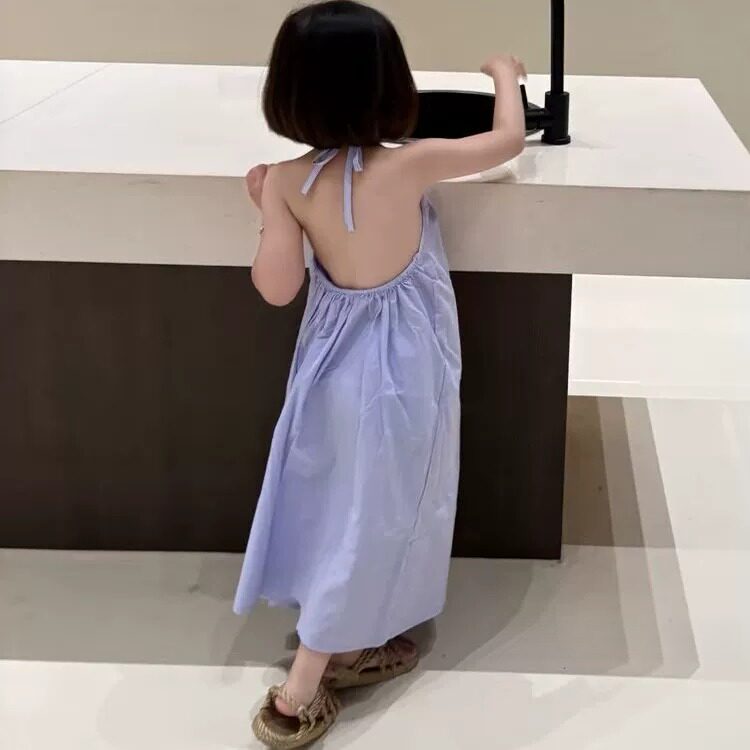 童装女童气质吊带裙韩系小女孩夏日露背海边挂脖系带度假风连衣裙