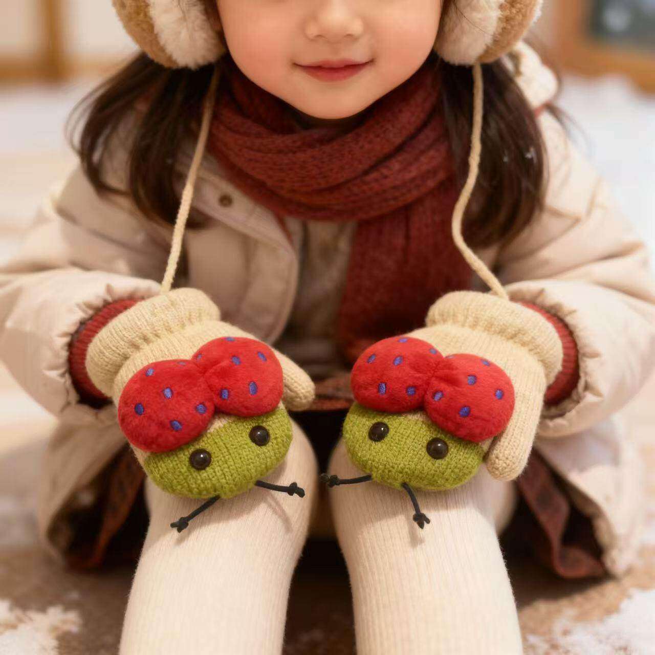 儿童挂脖连指手套秋冬男女宝宝2-4岁孩子针织卡通加绒加厚棉防冻3