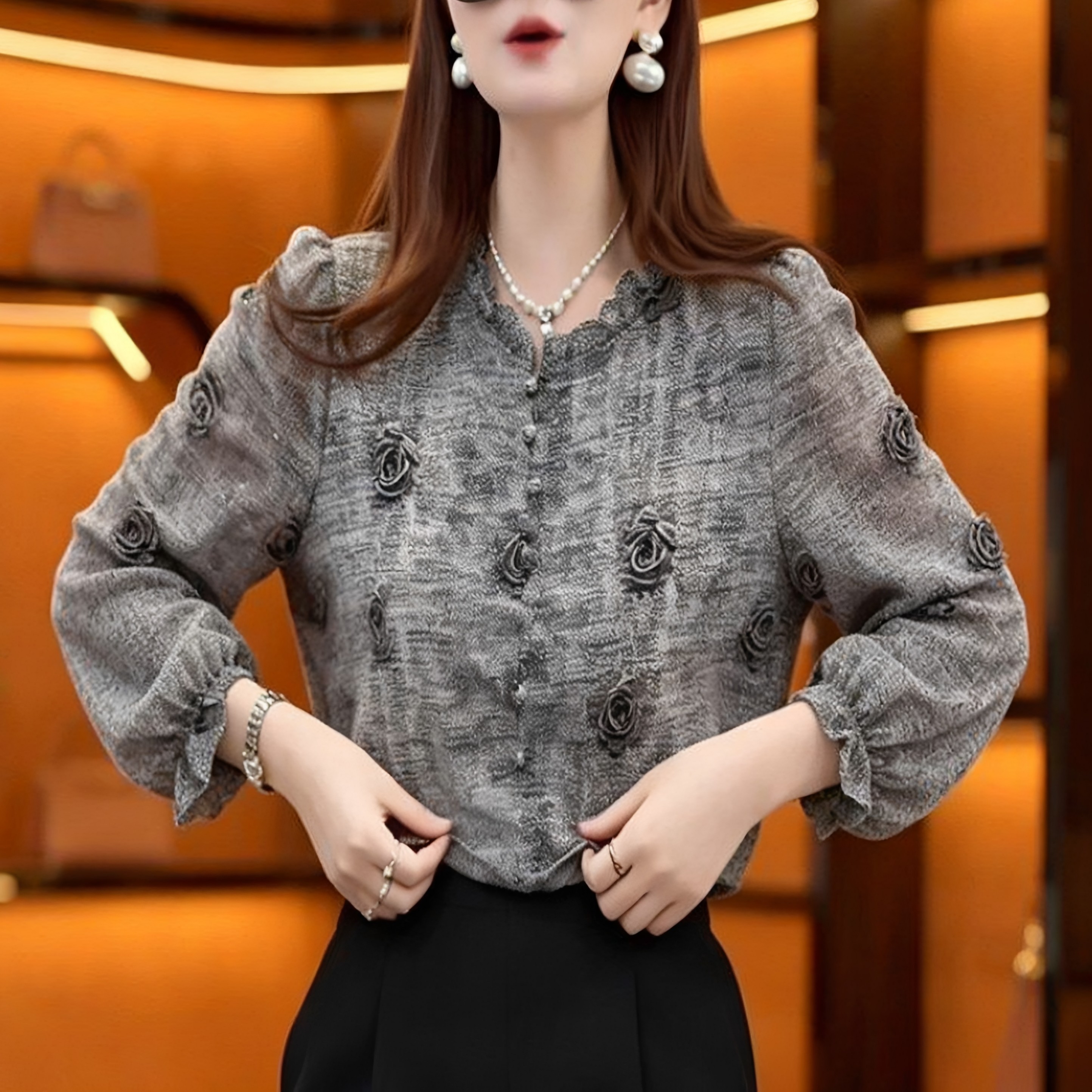 时尚七分袖大花玫瑰灰色显瘦百搭新修身春夏薄款美中年女上衣衬衫