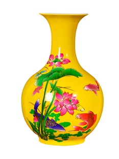 饰工艺品 景德镇陶瓷客厅插花摆件黄色年年有余新中式 电视柜花瓶装