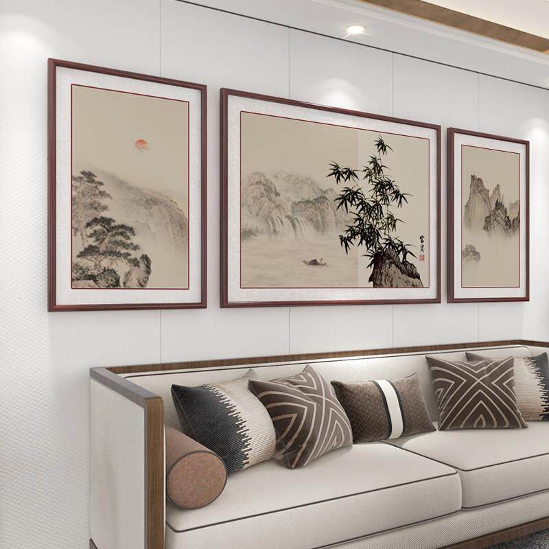 背迎客画松客装饰厅画 画新中式沙发景墙三联 画大气山水画 画水