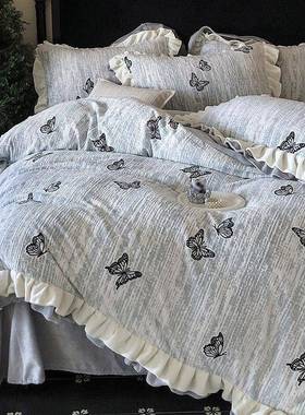 冬牛季保暖m煦IFB暖槟绒四件套轻奢蝴蝶烂花奶绒被套1.2床品灰粉