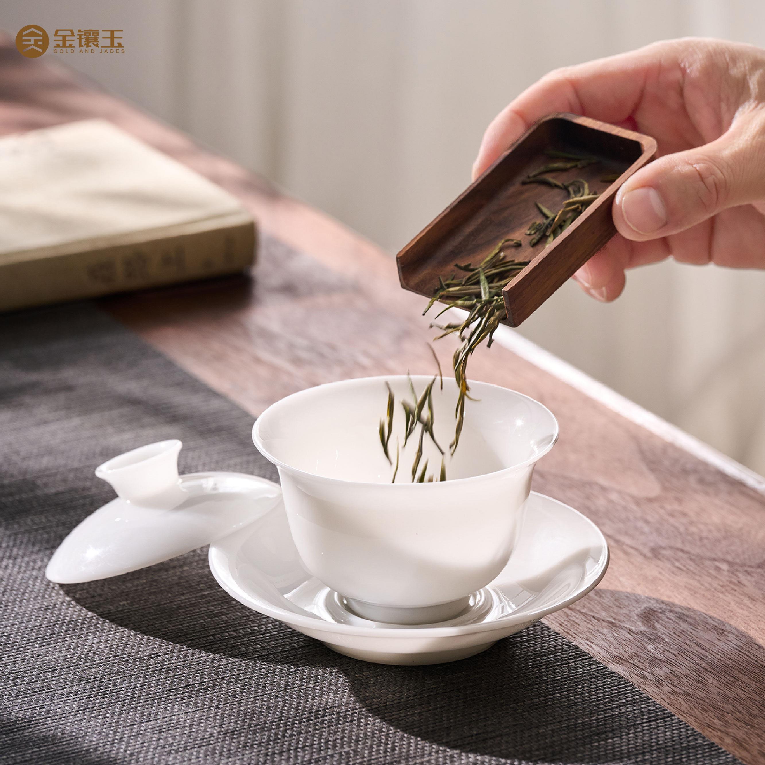 金镶玉冰种璞玉白瓷悬停盖DMU中国夫白杯玉瓷高端功茶具陶瓷碗泡