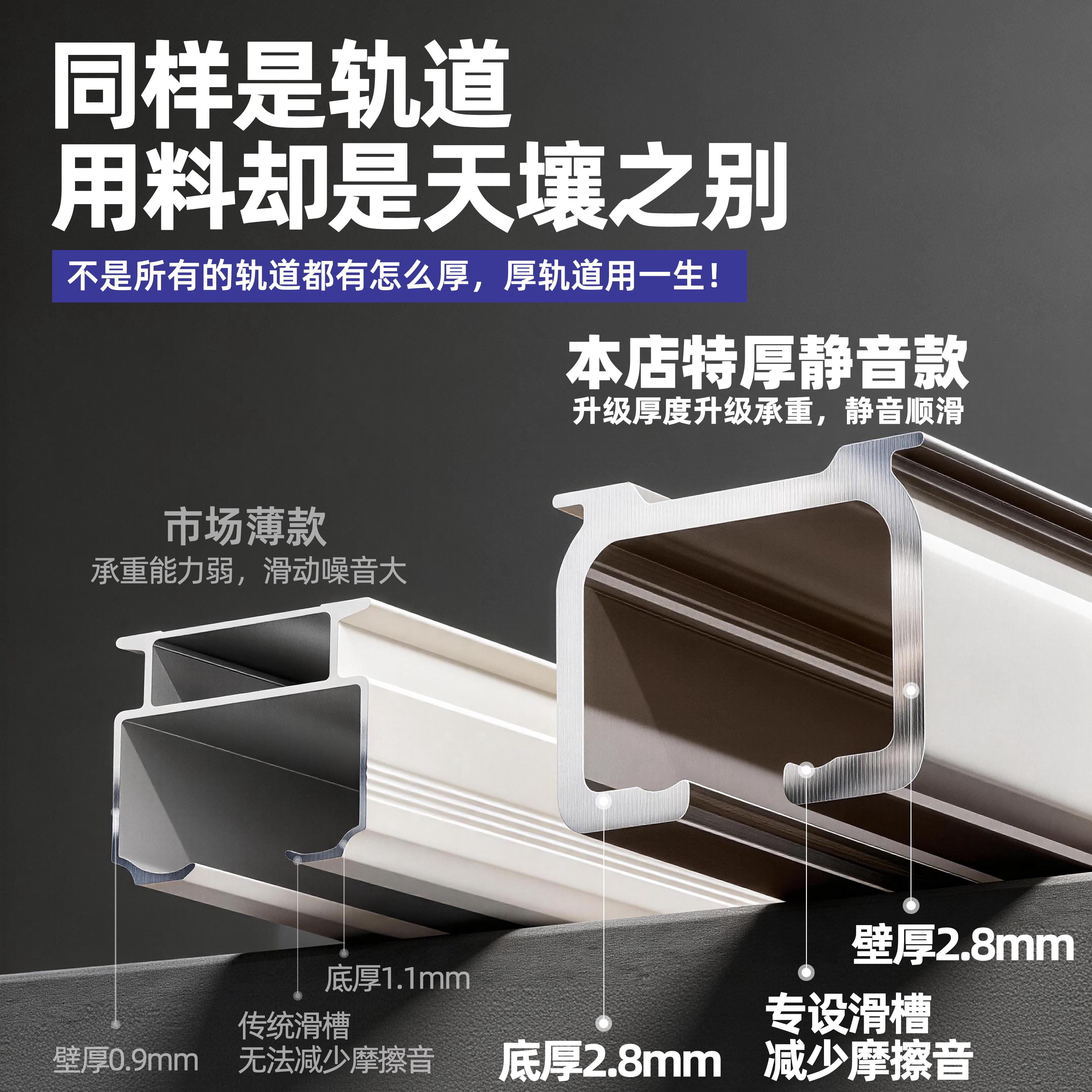 加轨厚铝合金窗帘轨卧道静音顶滑卧室单轨侧装滑轨室装重HJFL-007