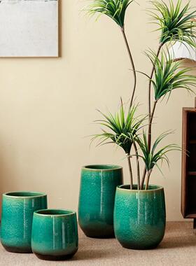 景德镇绿色陶瓷翡翠凝釉院花盆大号种树龙血树绿植高款户外种植盆