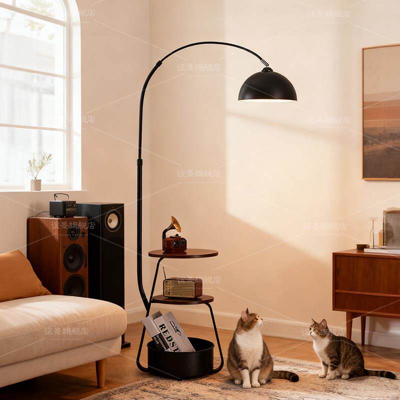 复古落地中古风客厅沙发旁氛围感钓一鱼台灯卧灯室床头谊景置物架