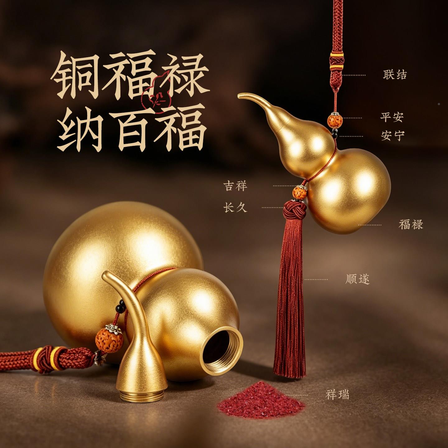 铜葫芦摆招财福铜葫芦00禄装饰挂件客厅卧中室红绳镇流苏件式黄铜