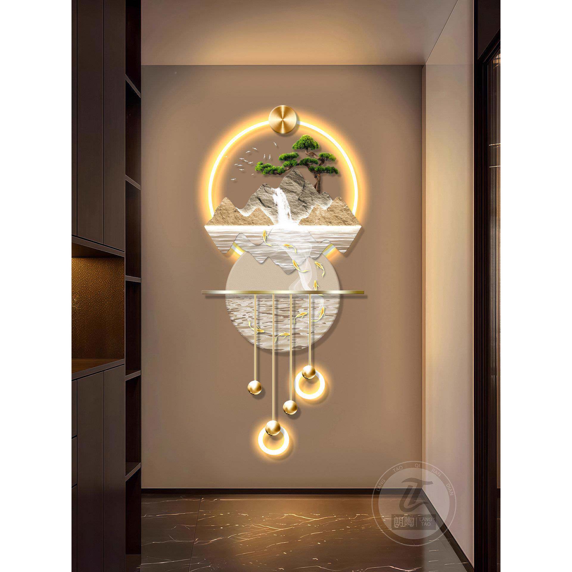 流水生财九灯鱼图关装LT-流水饰画客电视格栅装饰厅挂件玄背景墙