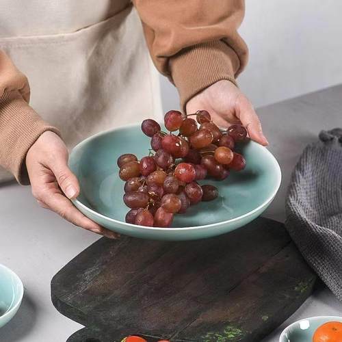 龙泉青瓷用盘子家瓷菜陶盘7/8英寸4只缠枝牡丹浮雕 深盘LZJ汤盘骨