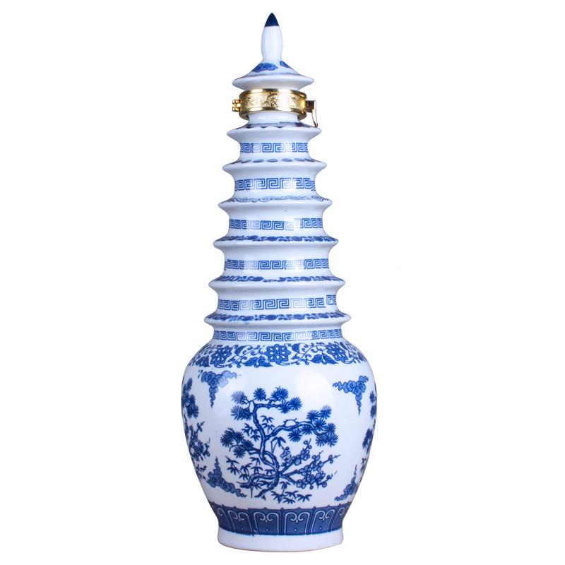 000057子空 瓶没酒景德镇陶有瓷酒瓶酒坛3斤装青花瓷宝塔节节高塔