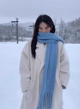 蓝色马海毛围巾女冬季韩系氛围感加厚保暖围脖2025新款高级感披肩