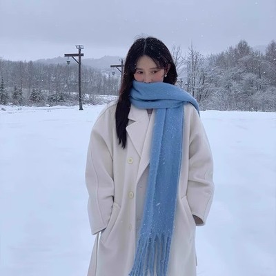 蓝色马海毛加厚保暖围巾女