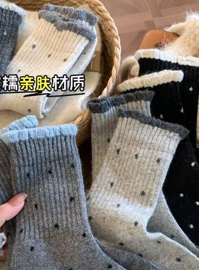 花边复古袜子女中筒袜秋冬季款加厚加绒保暖圆点波点灰色冬天长袜