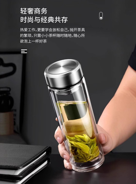 双层耐高温玻璃水杯大容量泡茶杯男女便携杯子车载办公水杯550ml